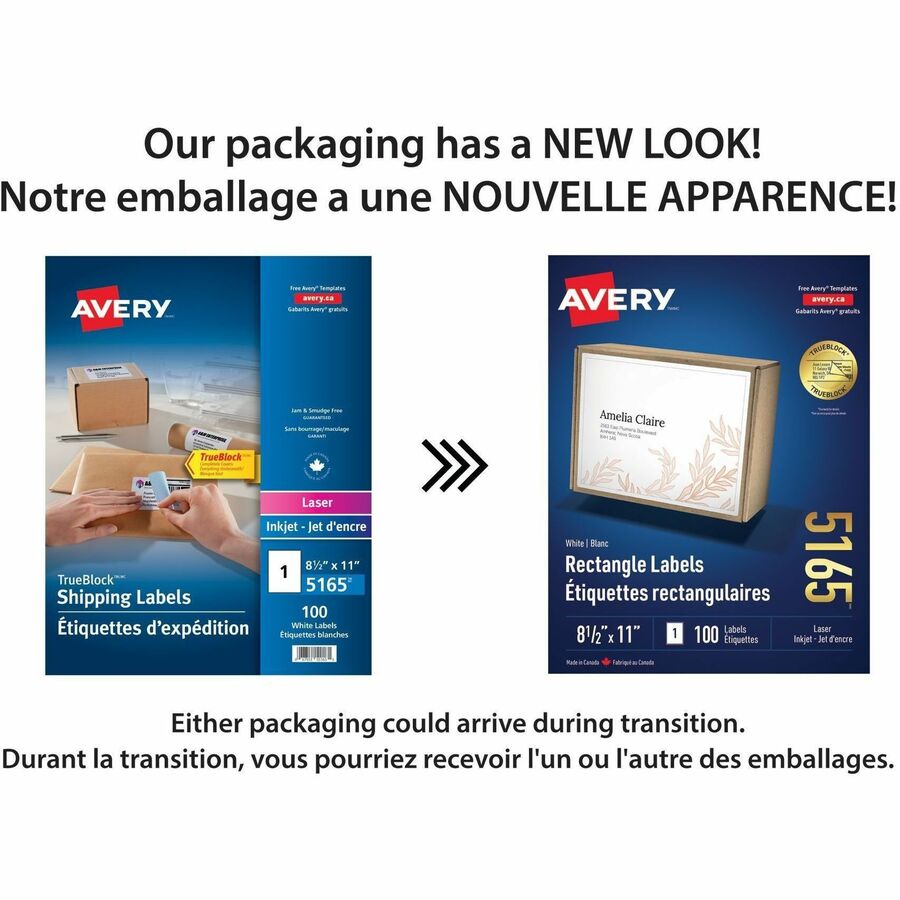 Avery White Rectangle Labels TrueBlock&reg;, 11" x 8-1/2" , Permanent Adhesive, for Laser and Inkjet Printers - 05165