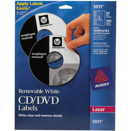 Avery&reg; Removable CD Labels, Print to the Edge, Removable Adhesive, 50 Disc Labels and 100 Spine Labels (5931)