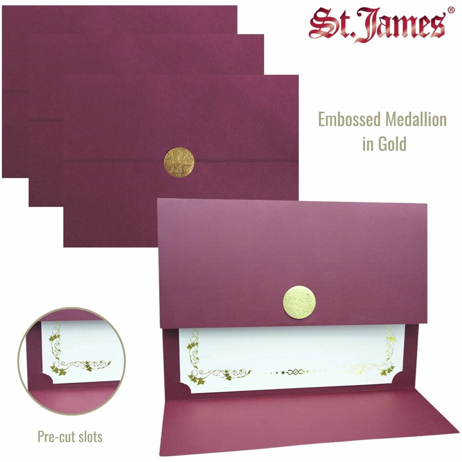 St. James&reg; Elite&trade; Medallion Fold Certificate Holders, Burgundy Linen with Gold Medallion, Pack of 5, 83533 - 83533