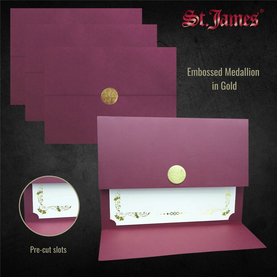 St. James&reg; Elite™ Medallion Fold Certificate Holders, Burgundy Linen with Gold Medallion, Pack of 5, 83533 - 83533