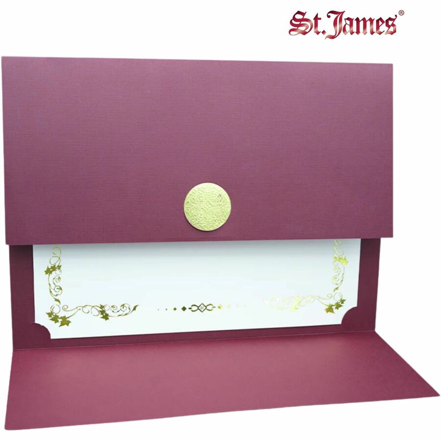 St. James&reg; Elite™ Medallion Fold Certificate Holders, Burgundy Linen with Gold Medallion, Pack of 5, 83533 - 83533