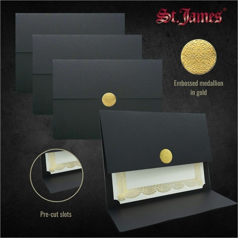St. James&reg; Elite&trade; Medallion Fold Certificate Holders, Black Linen with Gold Medallion, Pack of 5, 83564 - 83564