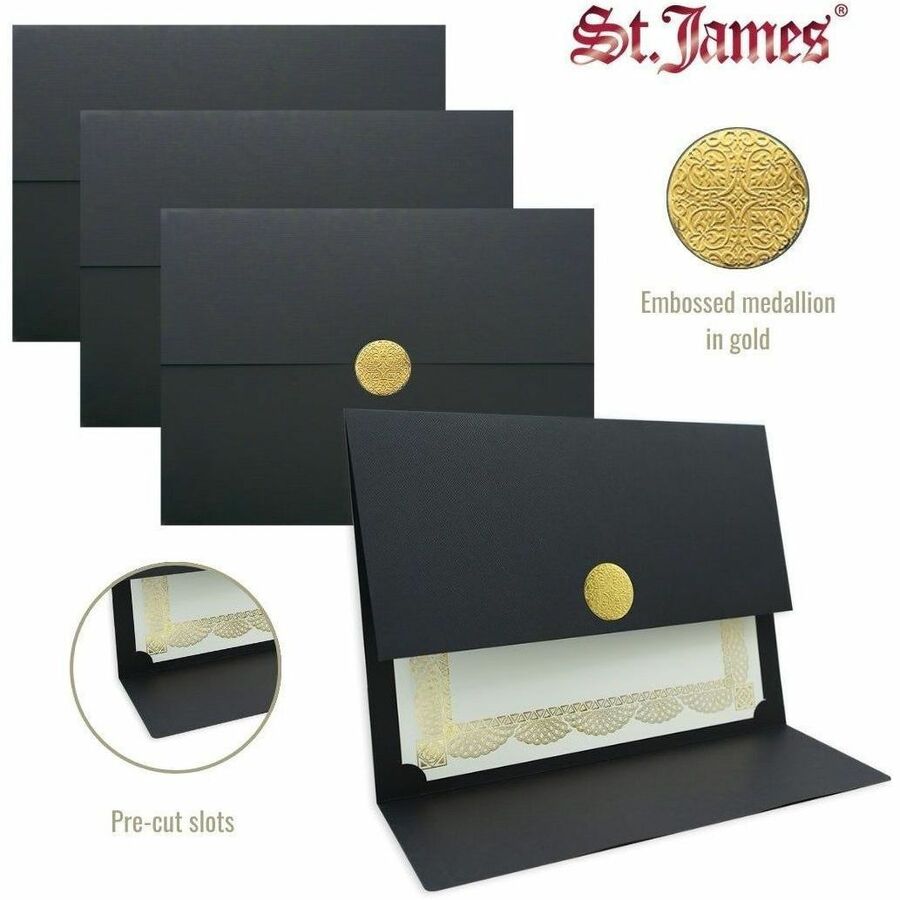 St. James&reg; Elite™ Medallion Fold Certificate Holders, Black Linen with Gold Medallion, Pack of 5, 83564 - 83564