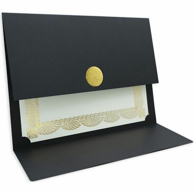 St. James&reg; Elite™ Medallion Fold Certificate Holders, Black Linen with Gold Medallion, Pack of 5, 83564