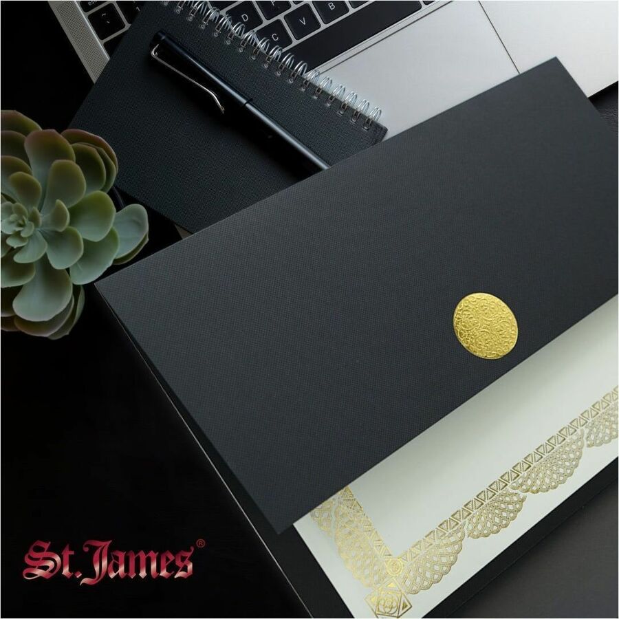 St. James&reg; Elite&trade; Medallion Fold Certificate Holders, Black Linen with Gold Medallion, Pack of 5, 83564 - 83564