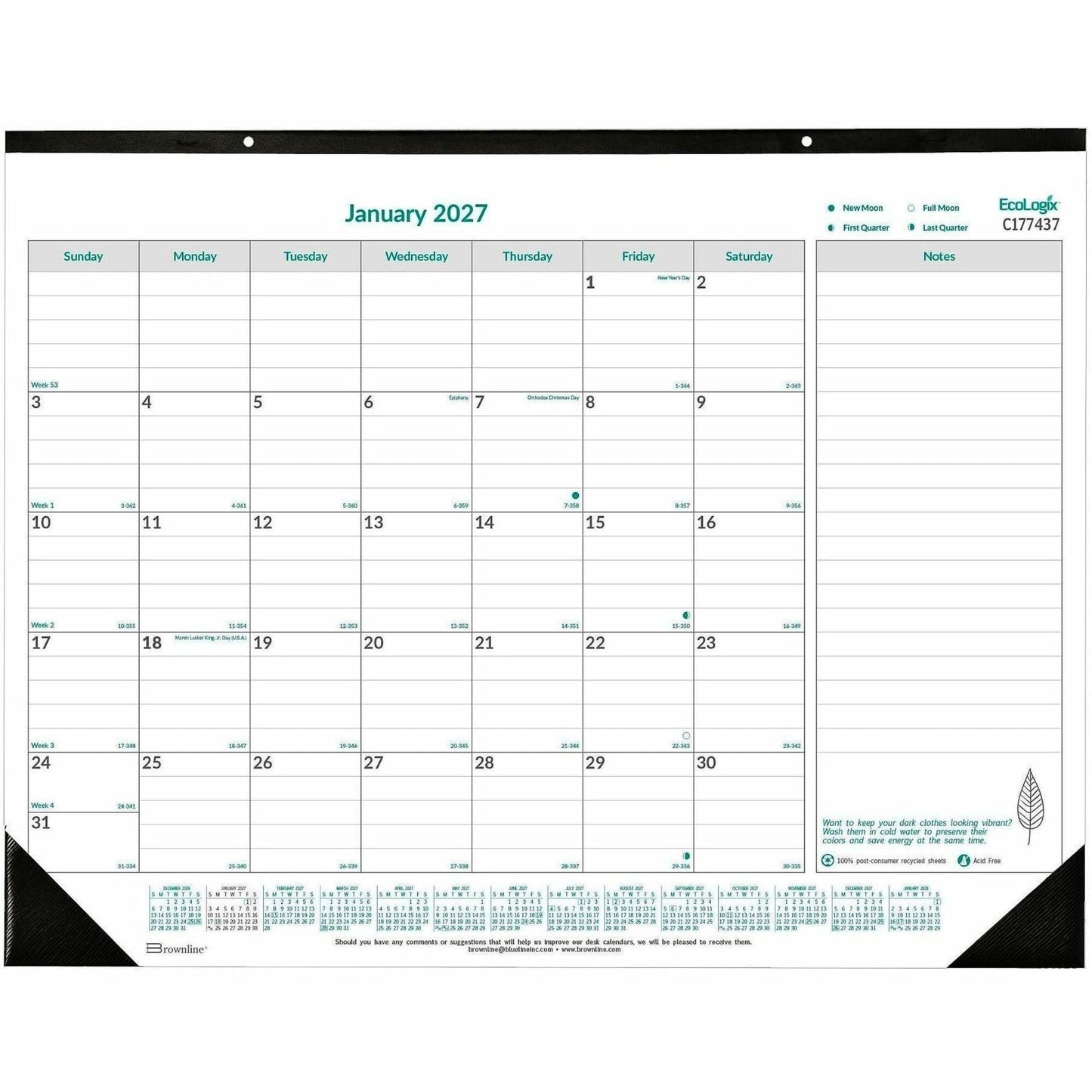 Blueline EcoLogix Monthly Desk Pad Calendar, 22" x 17" , English