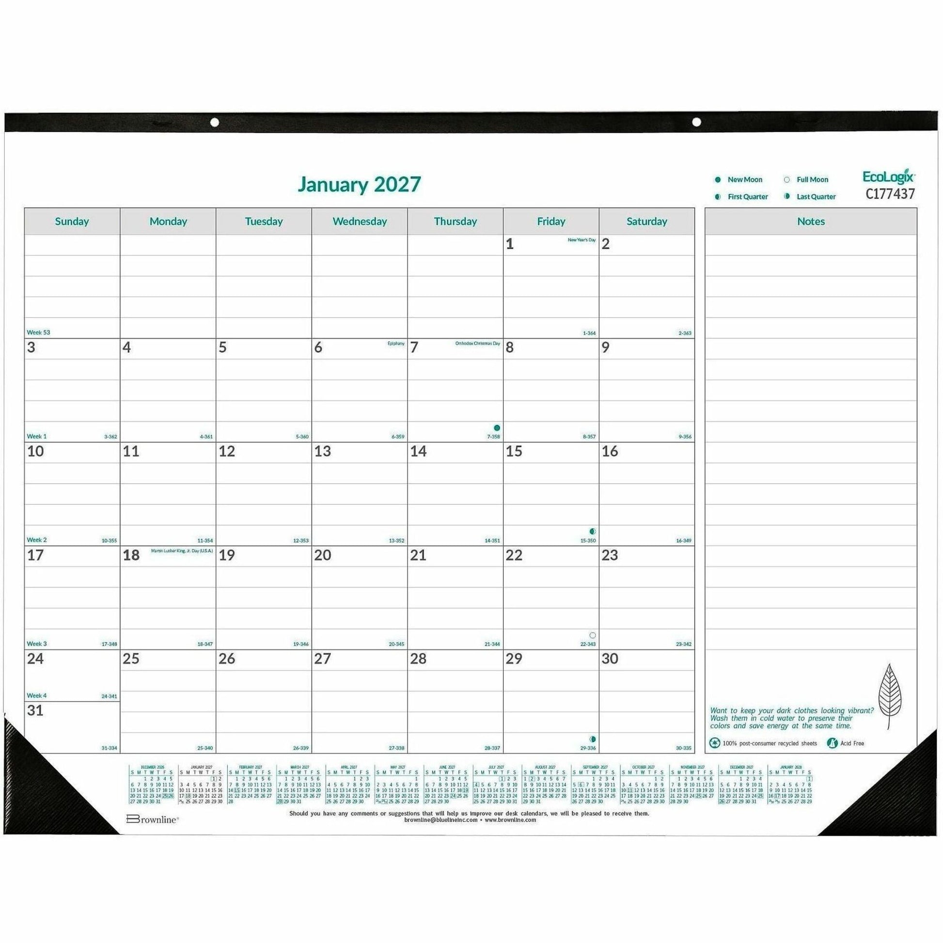Blueline EcoLogix Monthly Desk Pad Calendar, 22" x 17" , English