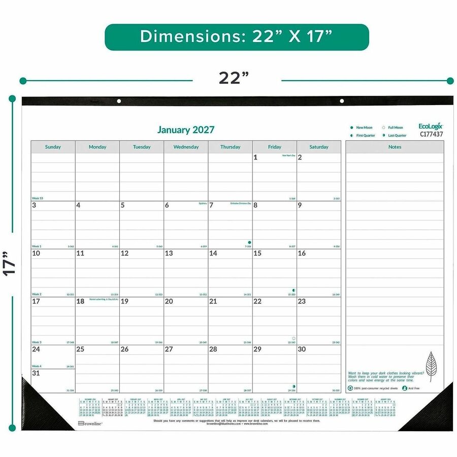 Blueline EcoLogix Monthly Desk Pad Calendar, 22" x 17" , English - C177437