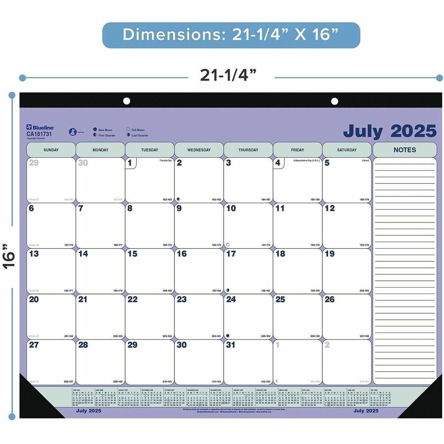 Blueline 2025-2026 13-Month Monthly Academic Desk Pad/Calendar - July to July - 21-1/4" x 16" - English - CA181731