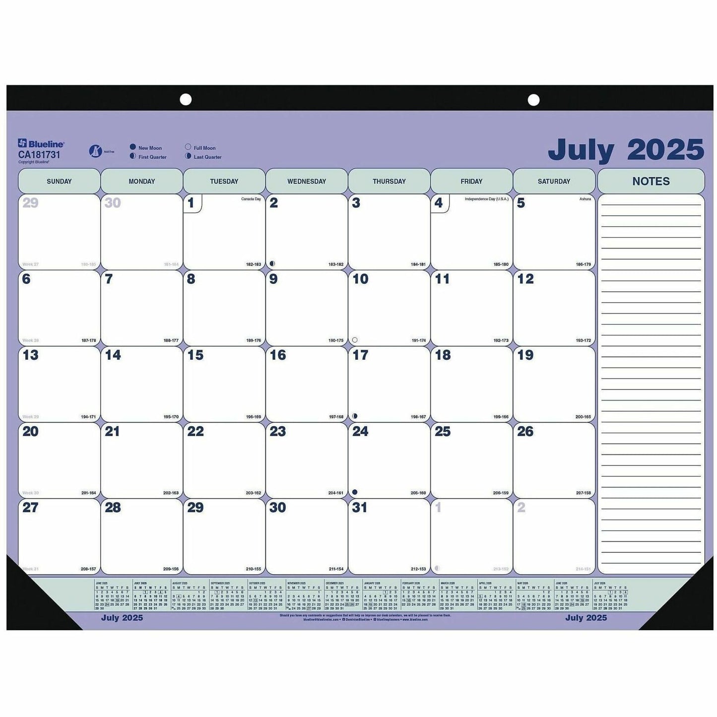 Blueline 2025-2026 13-Month Monthly Academic Desk Pad/Calendar - July to July - 21-1/4" x 16" - English