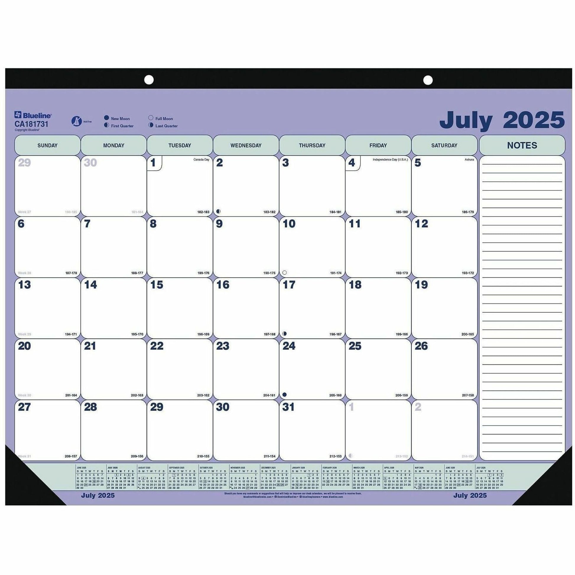 Blueline 2025-2026 13-Month Monthly Academic Desk Pad/Calendar - July to July - 21-1/4" x 16" - English