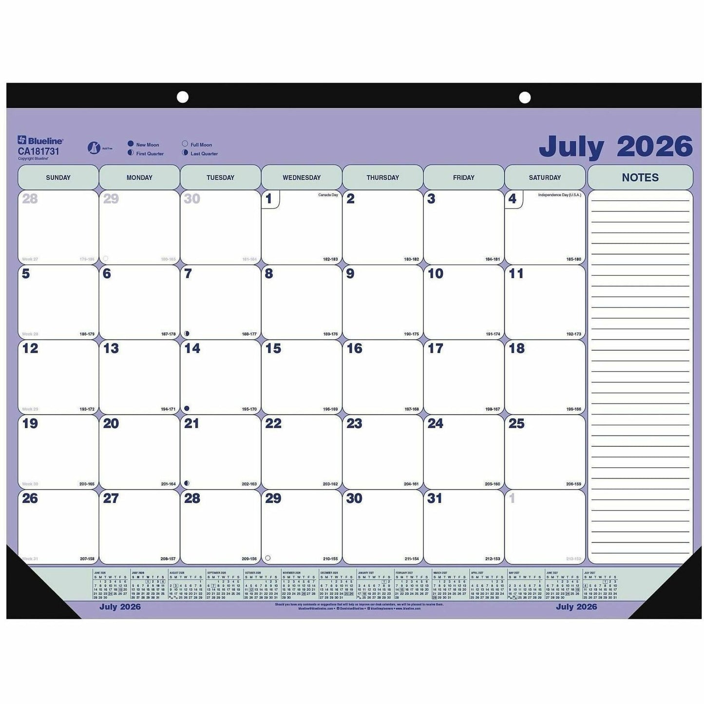 Blueline 2026-2027 13-Month Monthly Academic Desk Pad/Calendar - July to July - 21-1/4" x 16" - English