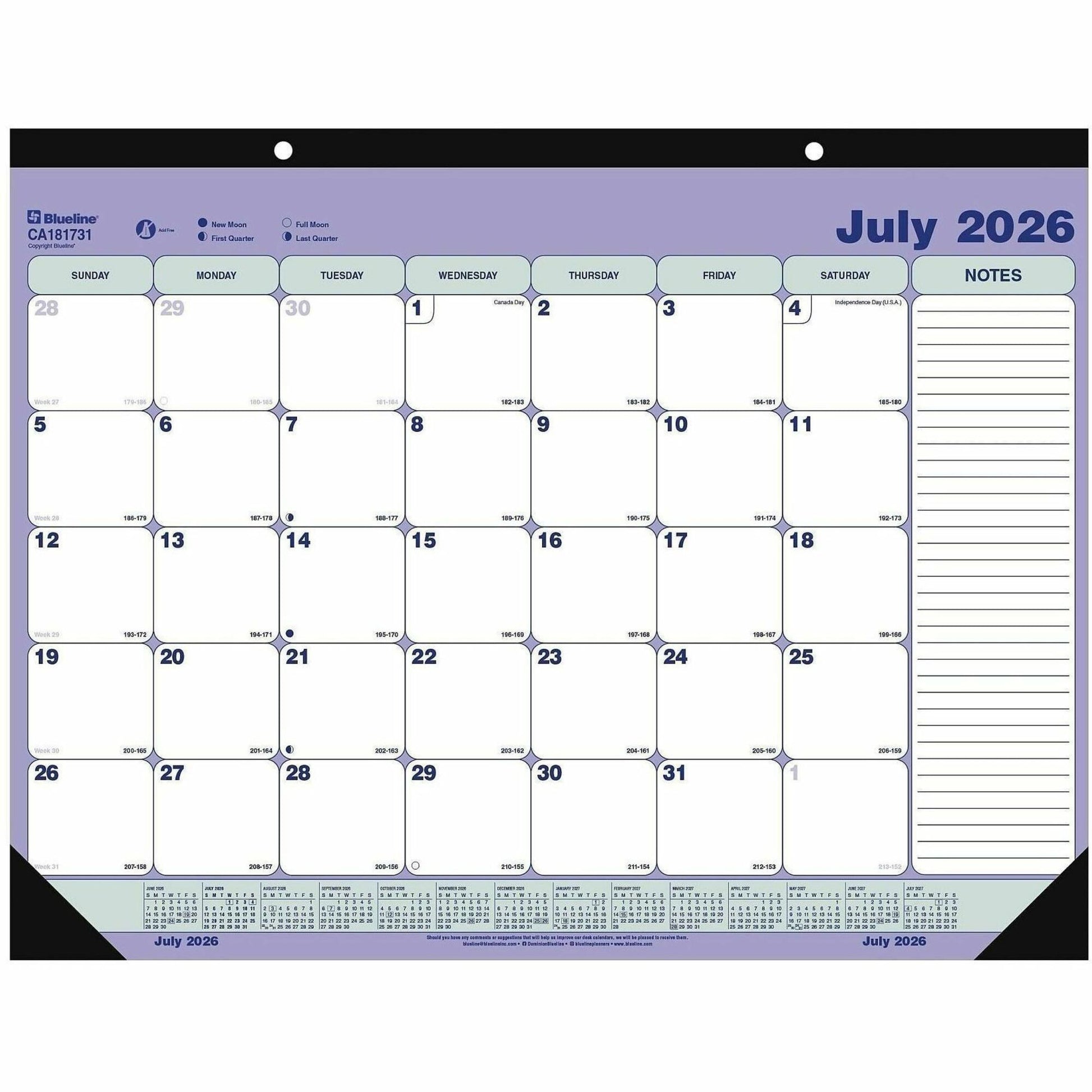 Blueline 2026-2027 13-Month Monthly Academic Desk Pad/Calendar - July to July - 21-1/4" x 16" - English