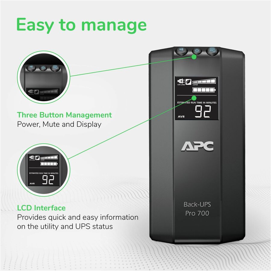 APC Back-UPS Pro, 700VA/420W, Tower, 120V, 6x NEMA 5-15R outlets, AVR, LCD, User Replaceable Battery - BR700G