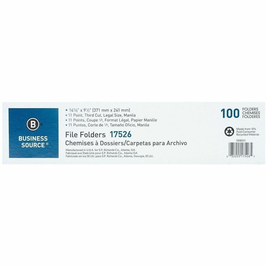 Business Source 1/3 Tab Cut Legal Recycled Top Tab File Folder - 17526