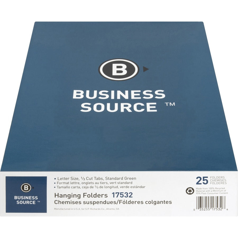 Business Source 1/3 Tab Cut Letter Recycled Hanging Folder - 17532