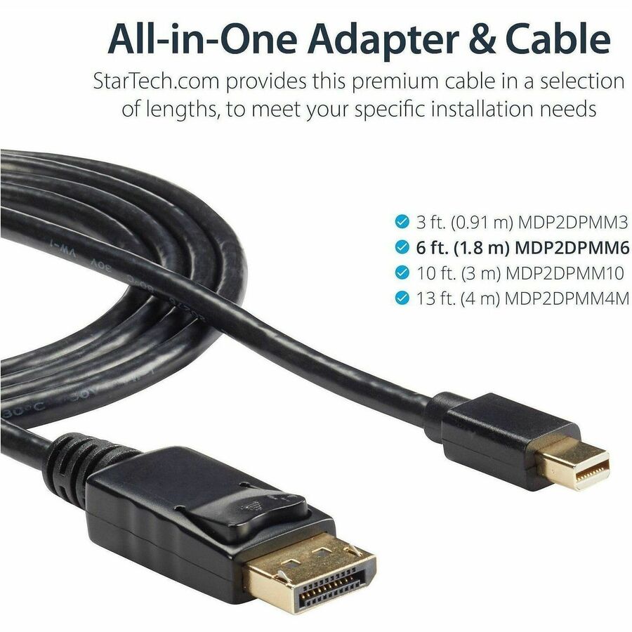 StarTech.com 6ft Mini DisplayPort to DisplayPort 1.2 Cable, 4K x 2K mDP to DisplayPort Adapter Cable, Mini DP to DP Cable for Monitor - MDP2DPMM6