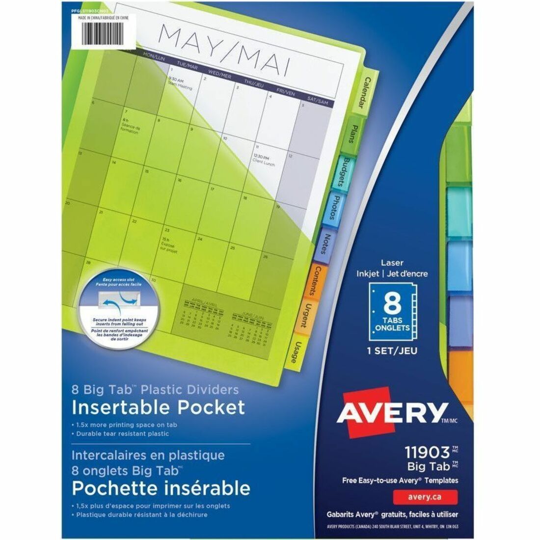Avery Big Tab™ Insertable Plastic Dividers with Pockets for Laser and Inkjet Printers, 9-1/4" x 11-1/8" , 8 tabs