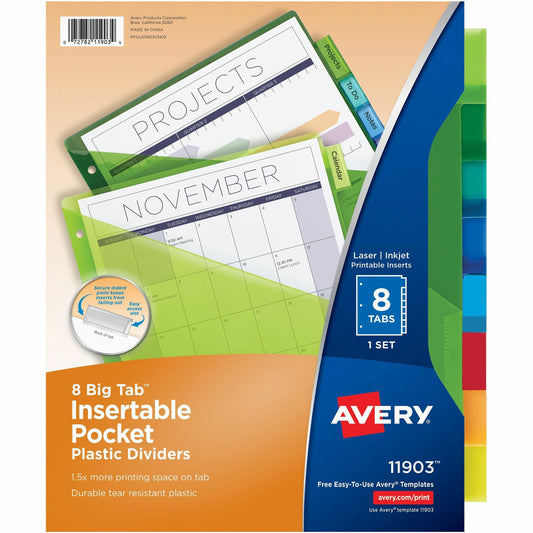 Avery&reg; Big Tab™ Insertable Plastic Dividers with Pocketsfor Laser and Inkjet Printers, 9-1/4" x 11-1/8" , 8 tabs, 1 set