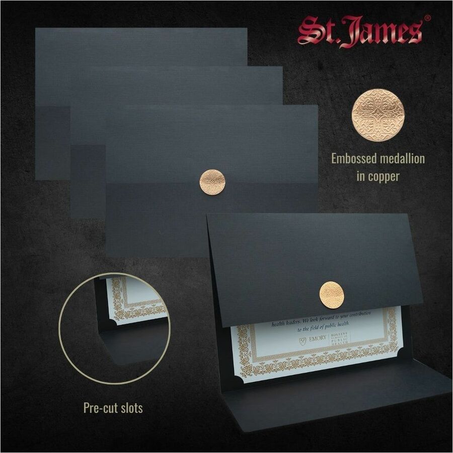 St. James&reg; Elite&trade; Medallion Fold Certificate Holders, Black Linen with Copper Medallion, Pack of 5, 83570 - 83570