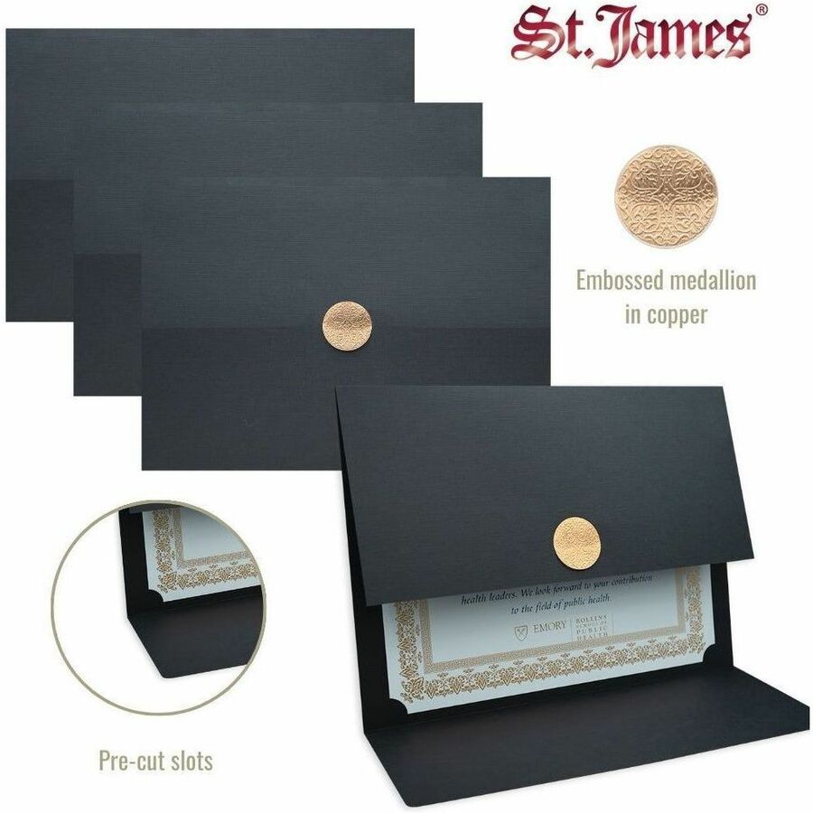 St. James&reg; Elite&trade; Medallion Fold Certificate Holders, Black Linen with Copper Medallion, Pack of 5, 83570 - 83570