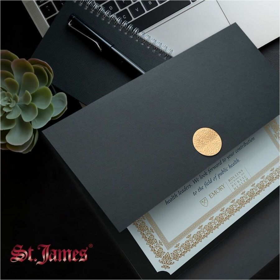 St. James&reg; Elite&trade; Medallion Fold Certificate Holders, Black Linen with Copper Medallion, Pack of 5, 83570 - 83570