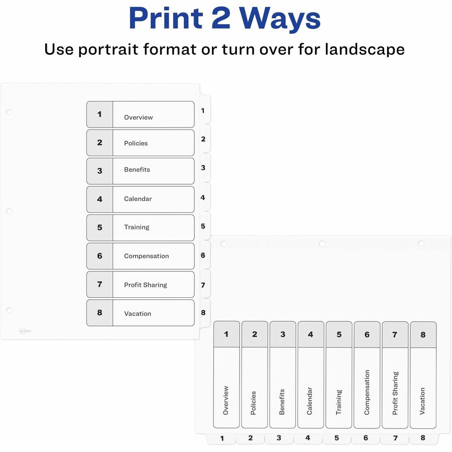 Avery&reg; Ready Index&reg; Table of Content Dividersfor Laser and Inkjet Printers, 8 tabs - 11132