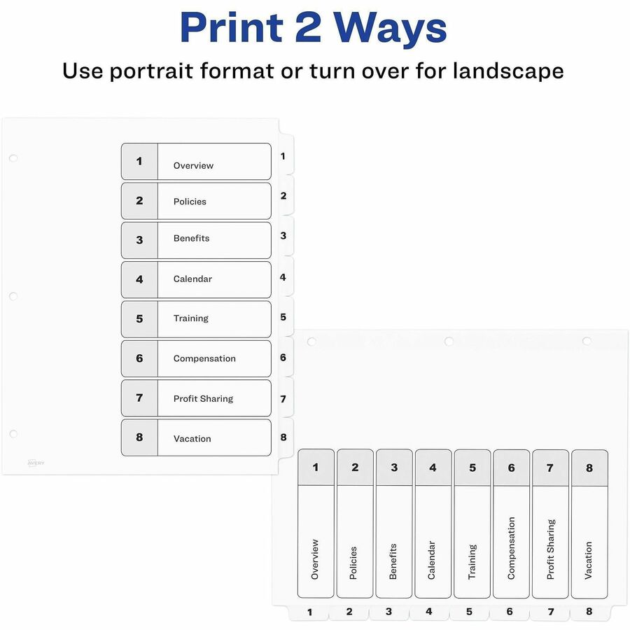Avery&reg; Ready Index&reg; Table of Content Dividersfor Laser and Inkjet Printers, 8 tabs - 11132