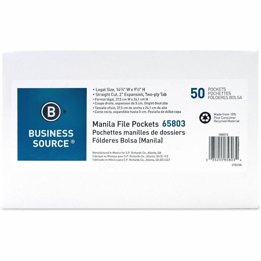 Business Source Straight Tab Cut Legal Recycled File Pocket - 65803