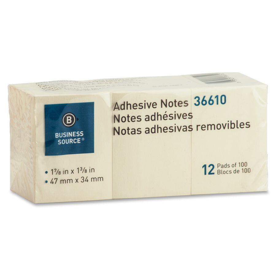 Business Source Yellow Repositionable Adhesive Notes - 36610