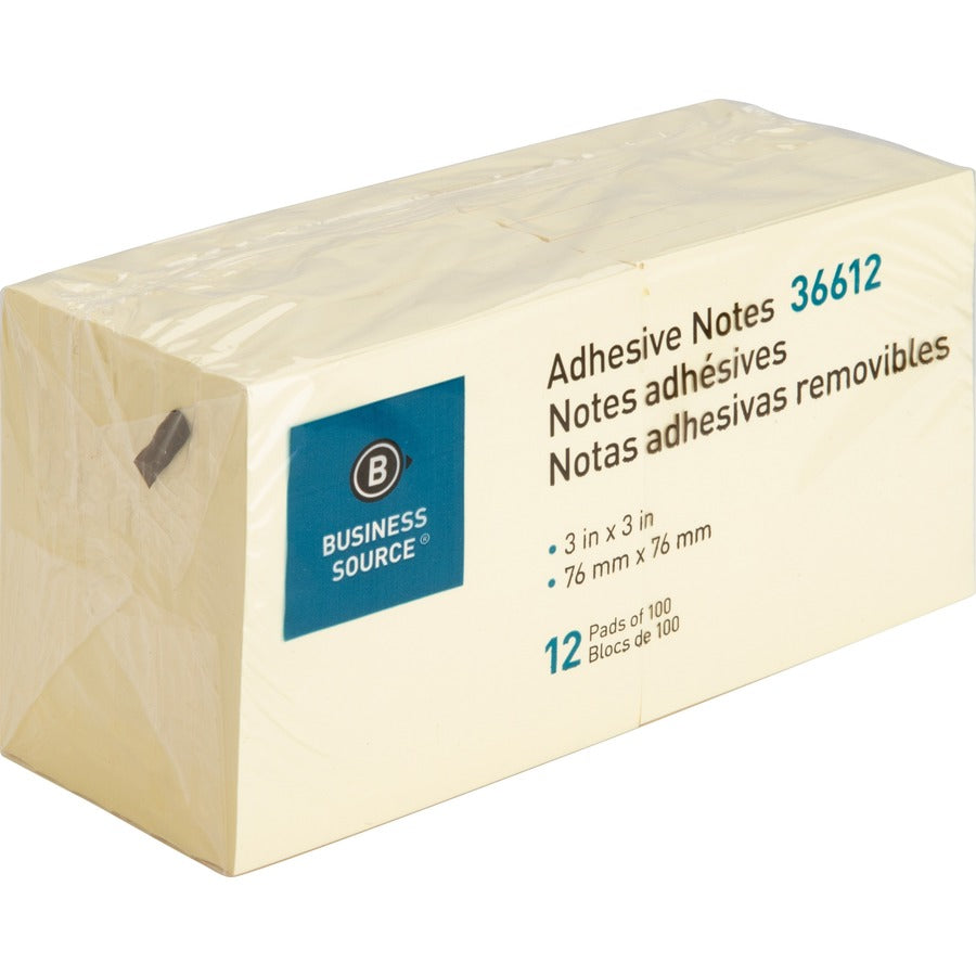 Business Source Yellow Repositionable Adhesive Notes - 36612