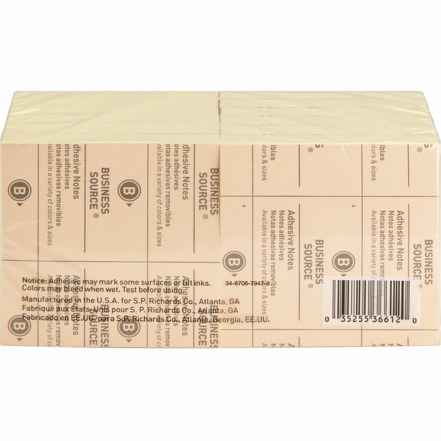 Business Source Yellow Repositionable Adhesive Notes - 36612