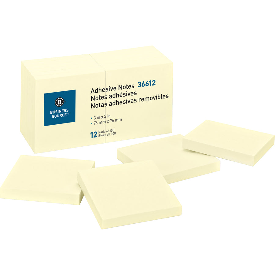 Business Source Yellow Repositionable Adhesive Notes - 36612