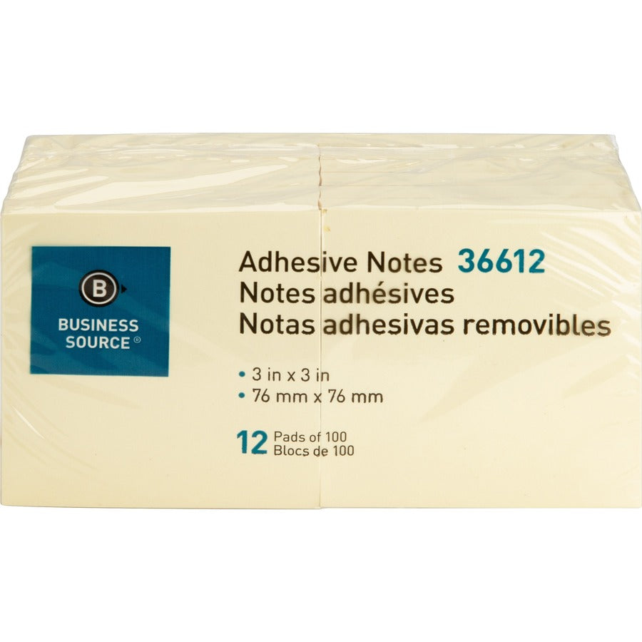Business Source Yellow Repositionable Adhesive Notes - 36612