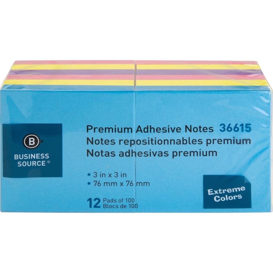 Business Source 3x3 Extreme Colors Adhesive Notes - 36615