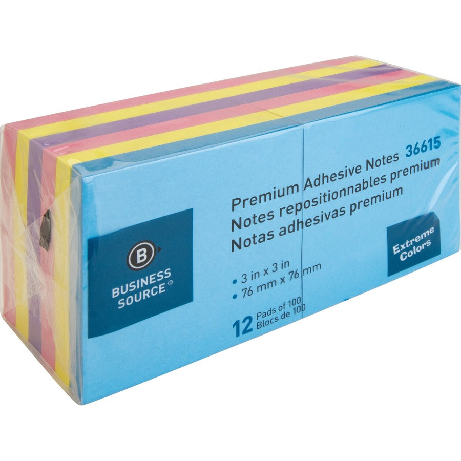 Business Source 3x3 Extreme Colors Adhesive Notes - 36615