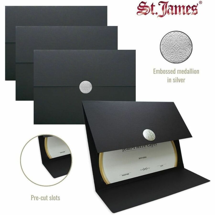 St. James&reg; Elite&trade; Medallion Fold Certificate Holders, Black Linen with Silver Medallion, Pack of 5, 83566 - 83566