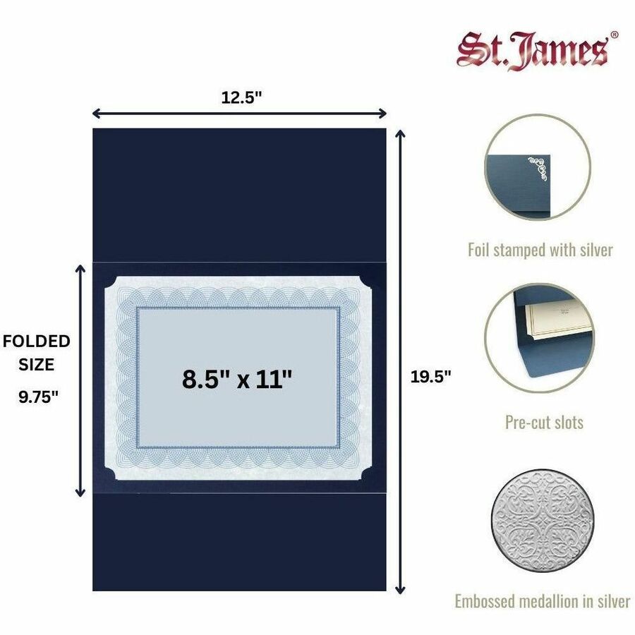 St. James&reg; Elite&trade; Medallion Fold Certificate Holders, Black Linen with Silver Medallion, Pack of 5, 83566 - 83566