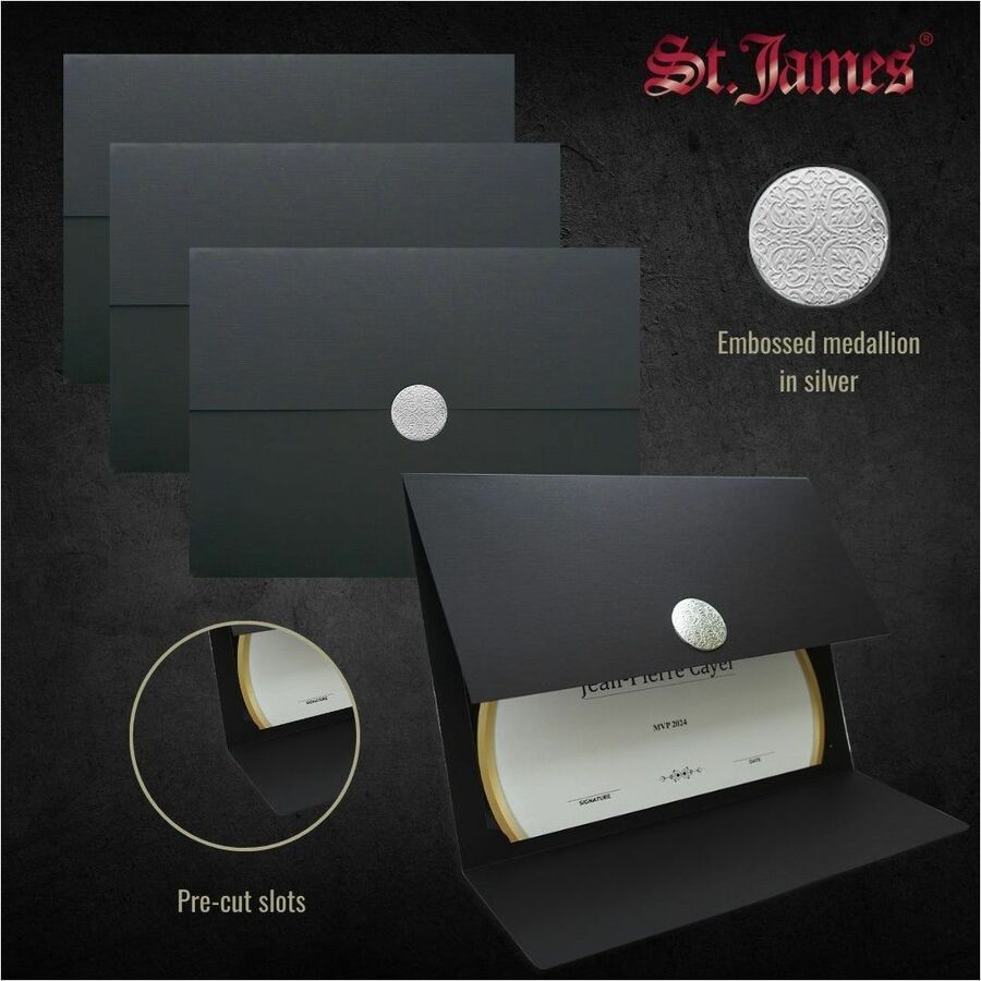 St. James&reg; Elite&trade; Medallion Fold Certificate Holders, Black Linen with Silver Medallion, Pack of 5, 83566 - 83566