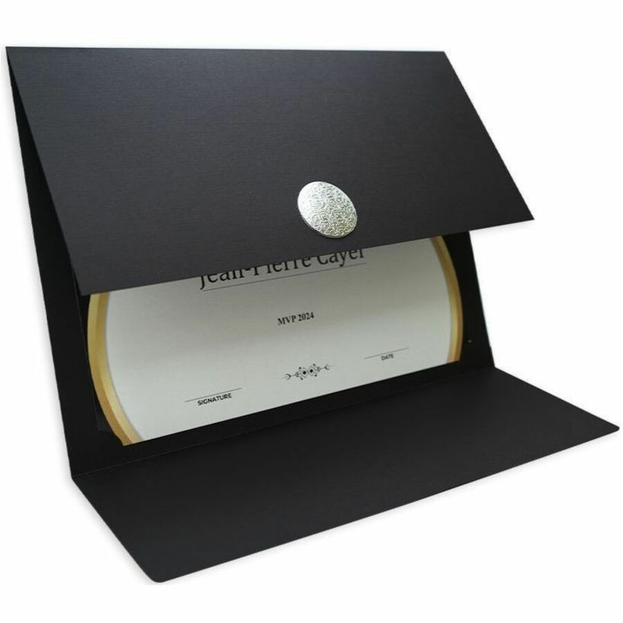 St. James&reg; Elite&trade; Medallion Fold Certificate Holders, Black Linen with Silver Medallion, Pack of 5, 83566 - 83566