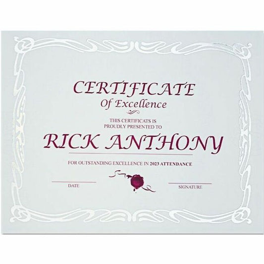 St. James&reg; Elite™ Certificates. White Linen with Deco Silver Foil Design, Pack of 12, 83425
