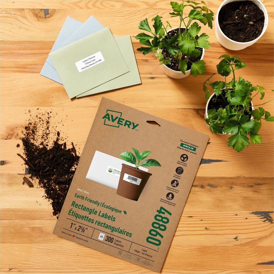 Avery Earth-Friendly White Rectangle Labels 1" x 2-5/8" , Permanent Adhesive, for Laser and Inkjet Printers - 48860
