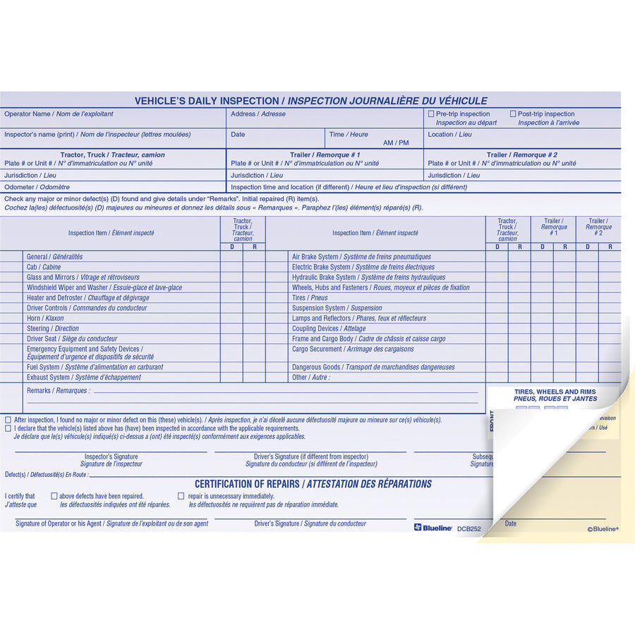 Blueline Vehicle's Daily Inspection Report - DCB252
