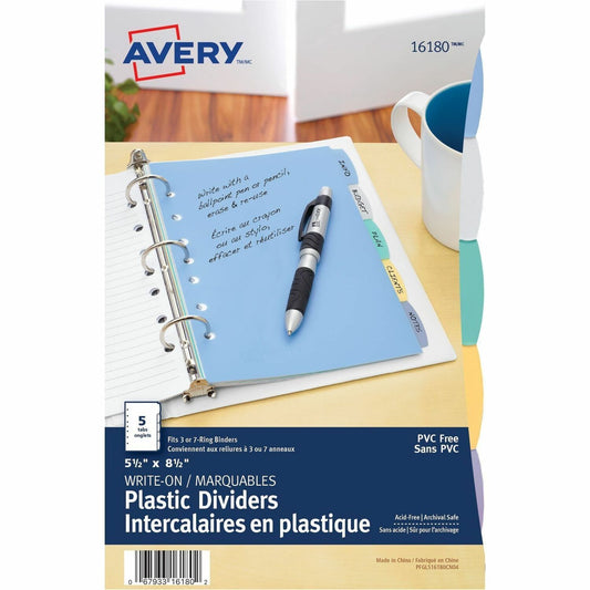 Avery&reg; Durable Plastic Write-On Dividers 5-1/2" x 8-1/2" , 5 tabs