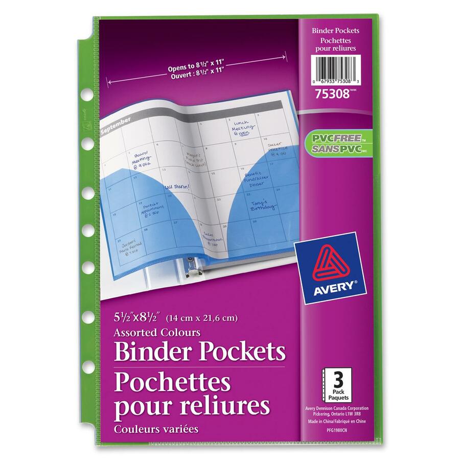 Avery&reg; Small Binder Pockets, Fold-Out, 5 1/2 x 9 1/4, Assorted, Pack of 3 (75308) - 75308
