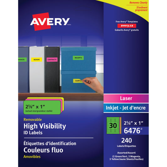 Avery&reg; High Visibility Removable ID Labelsfor Laser and Inkjet Printers, 2-5/8" x 1"