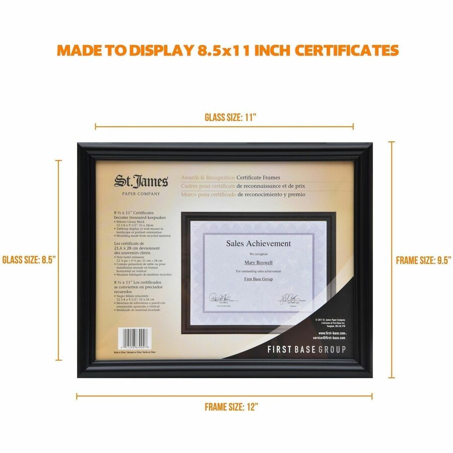 St. James&reg; Certificate/Diploma/Document Frame, 8.5x11" , Milano Glossy Black, 83904 - 83904