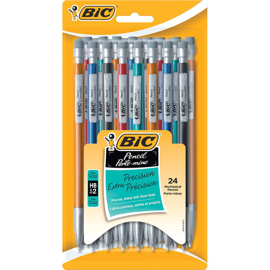 BIC Extra-Precision Mechanical Pencil, HB Lead, Metallic Barrel, Fine Point (0.5mm), Black, 24-Count