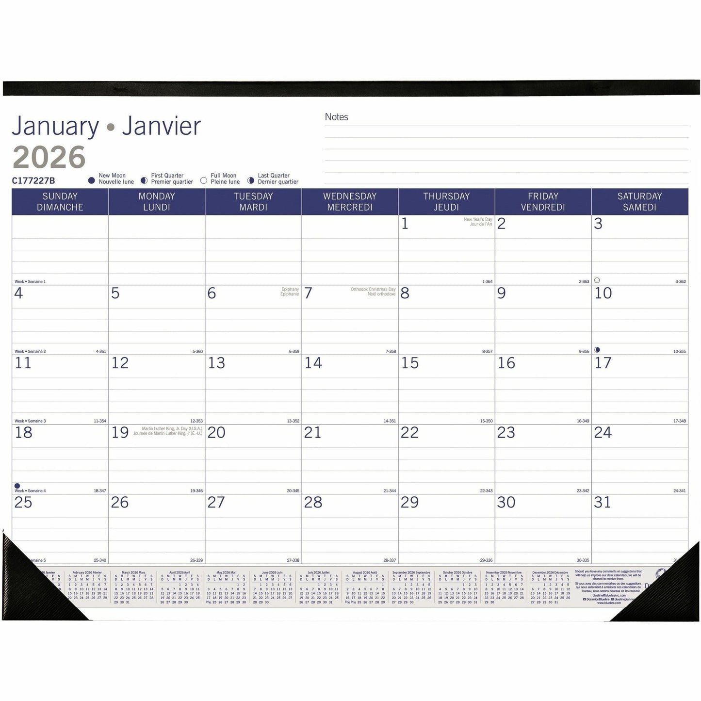 Blueline DuraGlobe Monthly Desk Pad Calendar, 22" x 17" , Bilingual