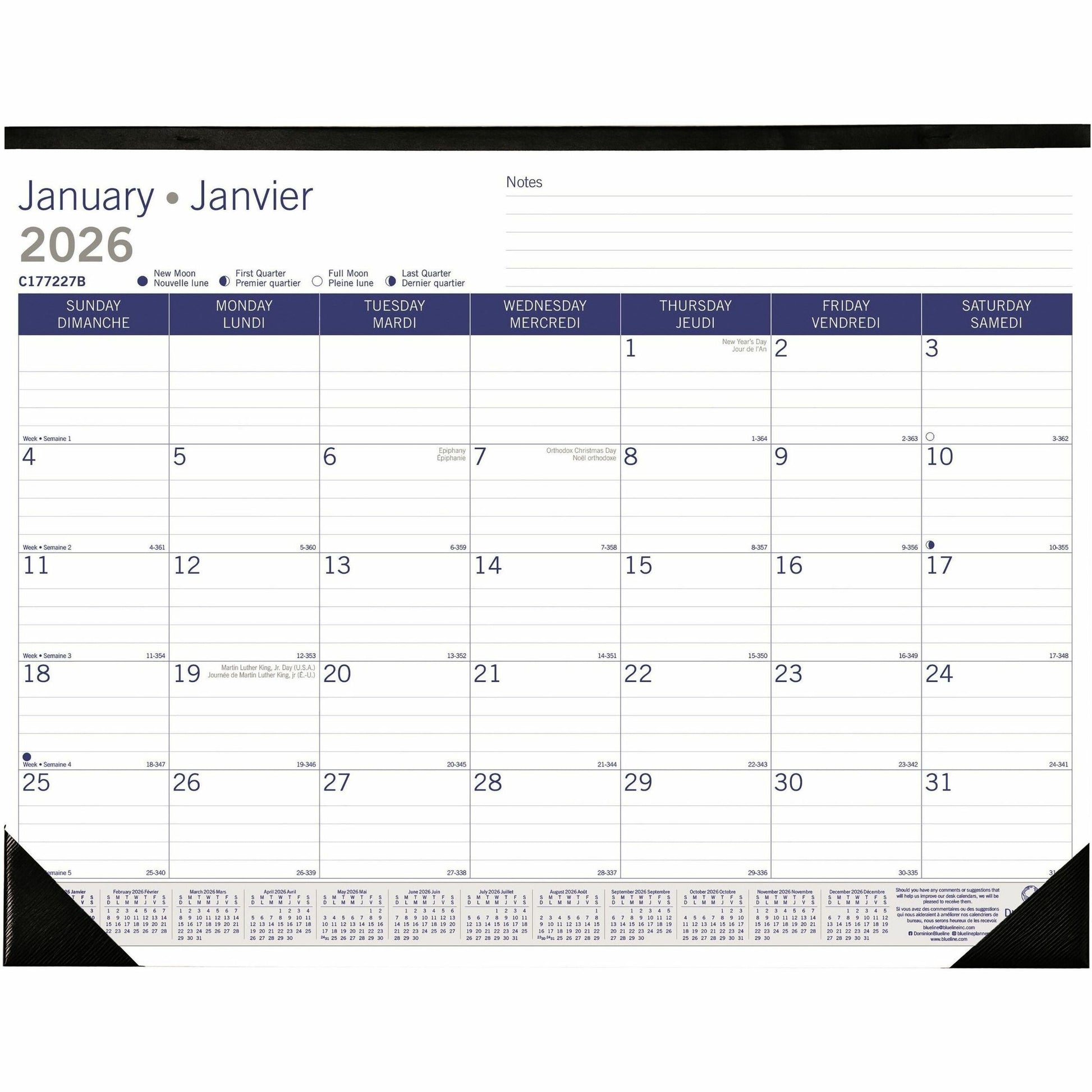 Blueline DuraGlobe Monthly Desk Pad Calendar, 22" x 17" , Bilingual